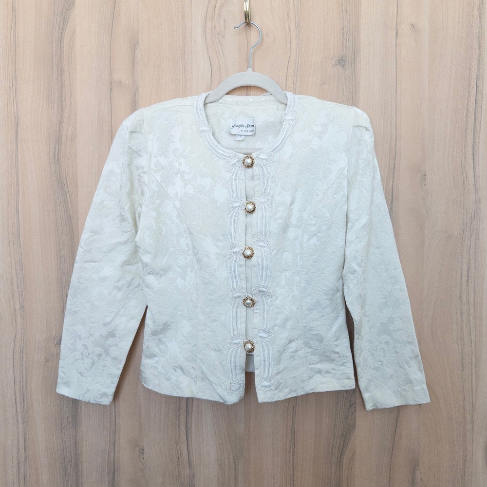 Vintage 80s Womens Blazer Jacket 8 Ivory Floral Jacquard Pearl Button Regency